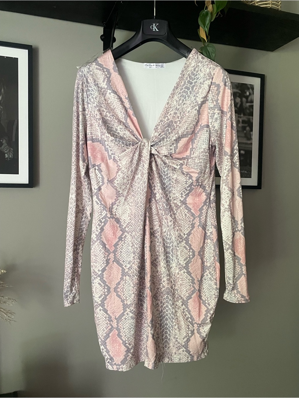 NanaMacs Pink and Gray Snakeskin Twist-Front Long Sleeve Dress